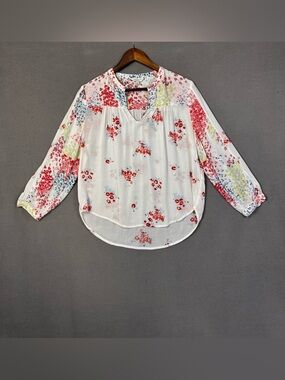 Lucky Brand White Floral V-Neck Peasant Blouse, White w/ Red Floral, S